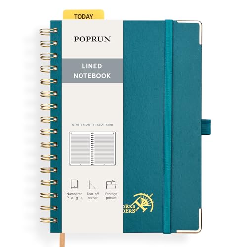 POPRUN Lined Spiral Journal Notebook [A5-5.75'' x 8.25''] -120 GSM Thick Paper, 141 Numbered Pages, College Ruled Notebook for Men & Women with Pocket, Index Tabs, 8 Perforated Sheets, Pacific Green - color: Pacific Green, size: 5.75 x 8.25 inches