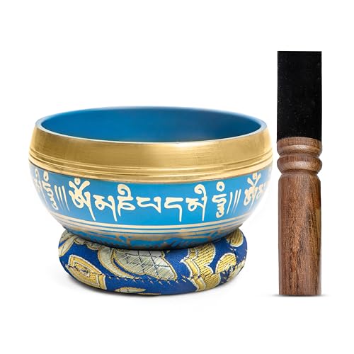 Tibetan Singing Bowl Set Brass - Master Healing Grade - Authentic Handcrafted Sound Bowl by Himalayan Bazaar - color: Blue