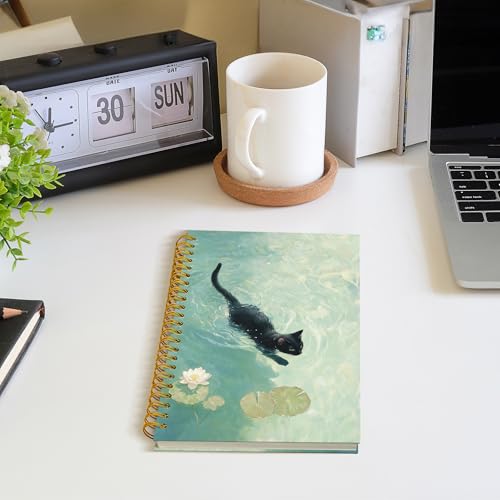 ROXMART Whimsical Funny Black Cat Spiral Notebook Journal, Cat Lover Mom Lady Owner Gifts, Cute Black Kitty Kitten in Water Lily Pond Hardcover Notebook Journal, 5.5x8.3 Inch - color: Style05