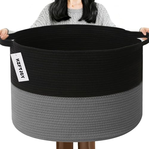 115L Large Blanket Basket,Woven Rope Laundry Basket Hamper with Handles, Decorative Nursery Basket Storage Bin for Toys, Clothes Organizer, Living Room, Bedroom, Bathroom, Black&Dark Grey - color: Black&Dark Grey, size: 23.6"L x 23.6"W x 15.7"H(115L)