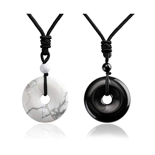 Jovivi 30mm Circle Donut Healing Crystals Necklace Natural Semi-Precious Chakra Gemstone Stone Amulet Lucky Coin Donuts Charm Protection Quartz Reiki Pendant Necklace for Men Women Adjustable Rope - color: 2pcs(White Turquoise+Black Obsidian)
