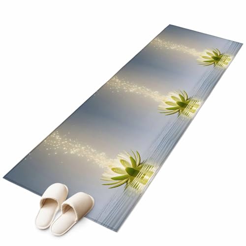 Zen Meditation Lotus Floral Runner Rug 2x6 Washable Kitchen Rug Non-Slip Lightweight Thin Soft Low Pile Bathroom Runner Green Floral Modern Art Carpet for Hallway Laundry Room Bedroom Entryway - size: 2' x 6'(Runner)