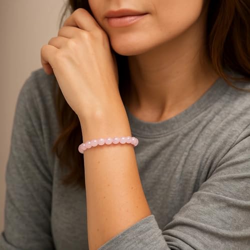 Cherry Tree Collection Gemstone Beaded Stretch Bracelet 8mm Round Beads 7" - color: Madagascar Rose Quartz