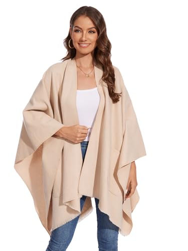 Shawl Wraps for Women, Elegant Knitted Cape Open Front Poncho Scarf Blanket Cardigan Coat for Autumn and Winter - color: Beige