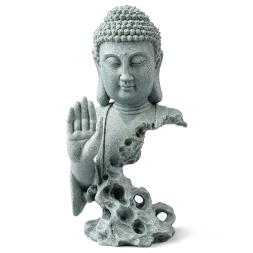 Buddha Head Statue Natural Sandstone Material for Aquarium Decorations Garden Statue Zen Ornament Outdoor Courtyard Decor Meditation Fish Tank Indoor Feng Shui Gift (7.9''H-Fearless Buddha) - color: 7.9''h-fearless Buddha