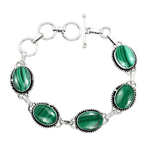 Oval Shape Natural & Synthetic Gemstones 925 Silver Plated Handmade Link Bracelets for Women - Birthstone Vintage Style Bohemian Adjustable Bracelet - Gifts for Wedding Anniversary Christmas - color: Malachite