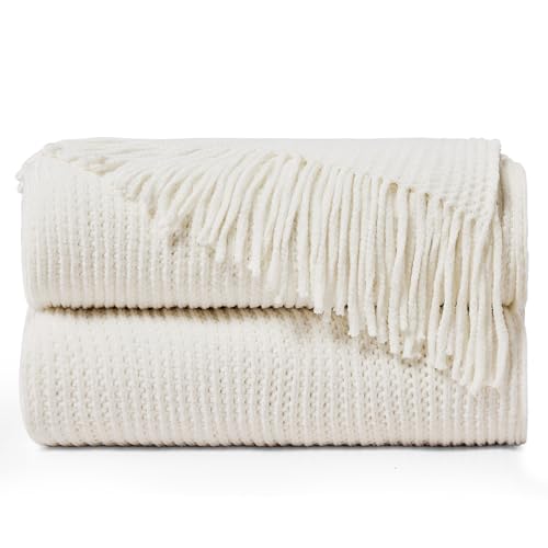 inhand Throw Blanket for Couch Bed,Chunky Chenille Woven Soft Blankets with Tassels, Cozy Boho Farmhouse Fall Winter Decor,Warm for Women,60"x80",Medium Thick-Off White - color: A（med Thick-off White）, size: 60"x80"