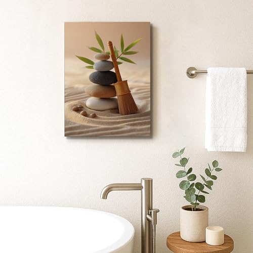 Zen Stones and Bamboo Canvas Wall Art, Neutral Beige Green Minimalistic Decor, Tranquil Home Aesthetic for Living Room, Bedroom, Office, Wrapped Canvas 8x10 Inch - size: 8x10 Inch