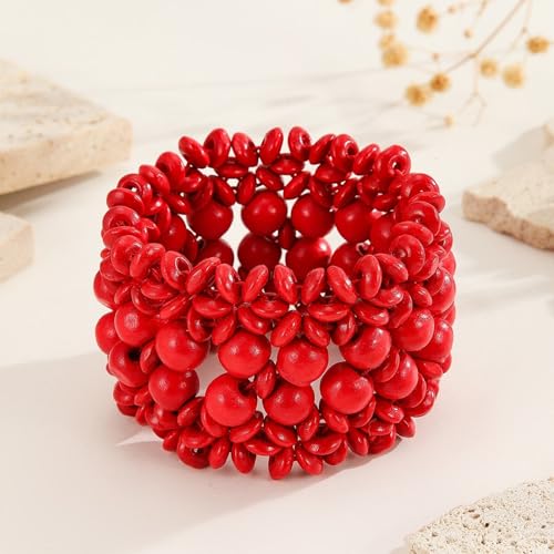 Handmade Wooden Bead Bohemian Elastic Stretch Bracelet Colorful Flower Pattern Design for Women Summer Beach Holiday Jewelry Lightweight - color: red