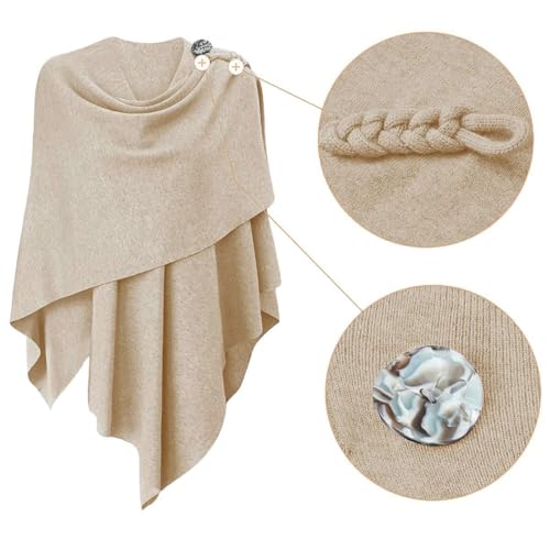 PULI Womens Large Cross Front Poncho Sweater Wrap Topper Knitted Elegant Shawls Cape for Fall Winter - color: 2-barley Twist With Button