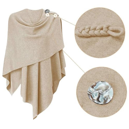 PULI Womens Large Cross Front Poncho Sweater Wrap Topper Knitted Elegant Shawls Cape for Fall Winter - color: 2-barley Twist With Button