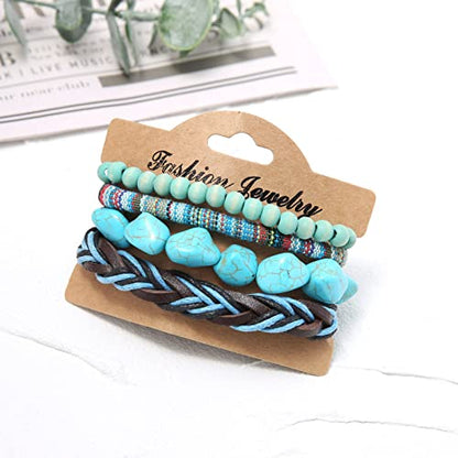 HZMAN Wrap Bracelets Men Women, Hemp Cords Wood Beads Ethnic Tribal Bracelets, Leather Wristbands - style: Turquoise