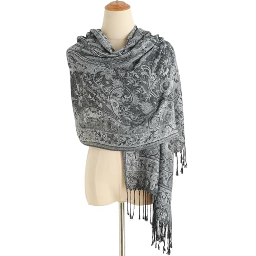 Paisley Pashmina Rave Shawl Scarf-Women's Reversible Ethnic Jacquard Pashmina Wraps for Travel - color: A#. Black White