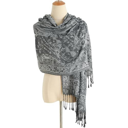 Paisley Pashmina Rave Shawl Scarf-Women's Reversible Ethnic Jacquard Pashmina Wraps for Travel - color: A#. Black White