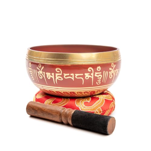 Tibetan Singing Bowl Set Brass - Master Healing Grade - Authentic Handcrafted Sound Bowl by Himalayan Bazaar - color: Red
