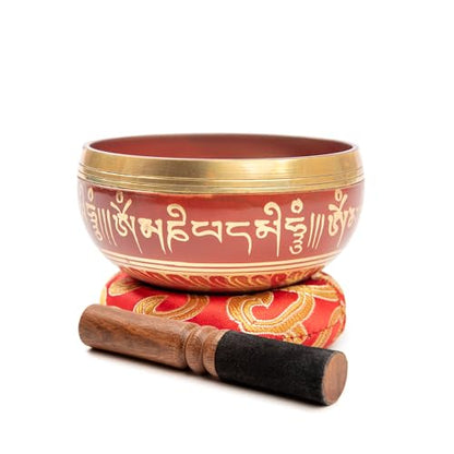 Tibetan Singing Bowl Set Brass - Master Healing Grade - Authentic Handcrafted Sound Bowl by Himalayan Bazaar - color: Red