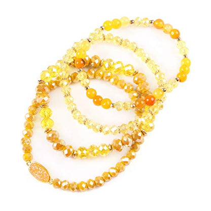 RIAH FASHION Bohemian Acrylic Druzy Multi-Layer Bead Statement Bracelet - Versatile Faux Stone Pendant Stretch Strand Stackable Cuff Bangle Set Sparkly Crystal - color: Oval Acrylic Druzy - Yellow