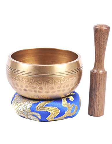 Etched Tibetan Singing Bowl Set, Sound Bowl Meditation Set – Authentic Meditation Bell for Healing, Yoga, Chakra Balancing, Mindfulness, Zen Décor or Unique Gift Hammered - color: Hammered