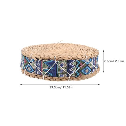 ABOOFAN Meditation Floor Cushion Straw Woven Round Seat Pad 30cm Diameter X 7cm Height Blue Husk Cushion for Yoga, Tatami, Balcony, Indoor Sitting