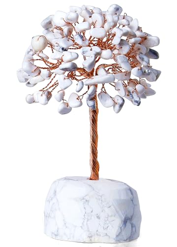 White Howlite Healing Crystals Tree Decor Natural Stone Crystal Reiki Gemstone Base Copper Wire Money Tree of Life Home Office Decor Spiritual Energy Feng Shui Good Luck Gift - color: White Howlite, size: 5.2 in