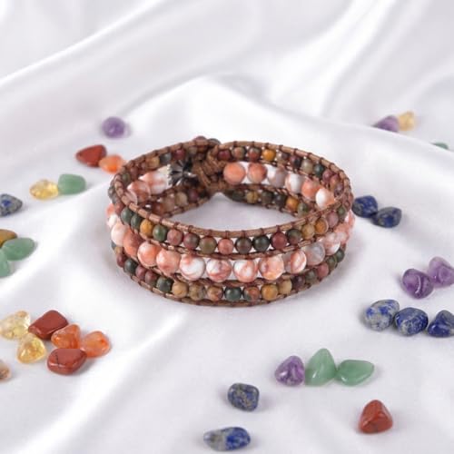 YGLINE Boho Handmade Natural Stone Bead 3 Row Wide Wrap Wrist Statment Bracelet Jewelry Collection - color: jasper
