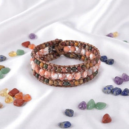 YGLINE Boho Handmade Natural Stone Bead 3 Row Wide Wrap Wrist Statment Bracelet Jewelry Collection - color: jasper