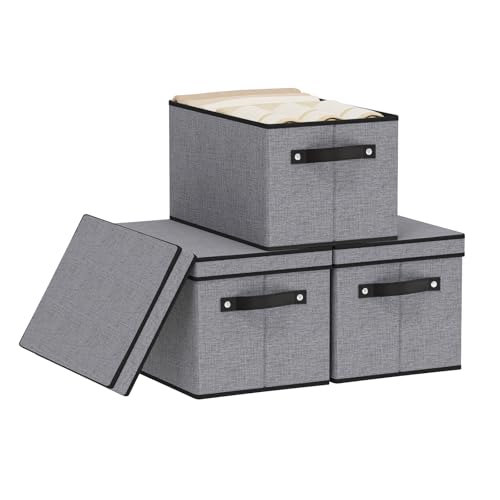 Foldable Storage Bins with Lids, 15 x 9.8 x 8.3 Inch Storage Boxes with Handles, Fabric Closet Organizers for Wardrobe, Gray, 3-Pack - color: Grey, size: Medium（3 Pack）