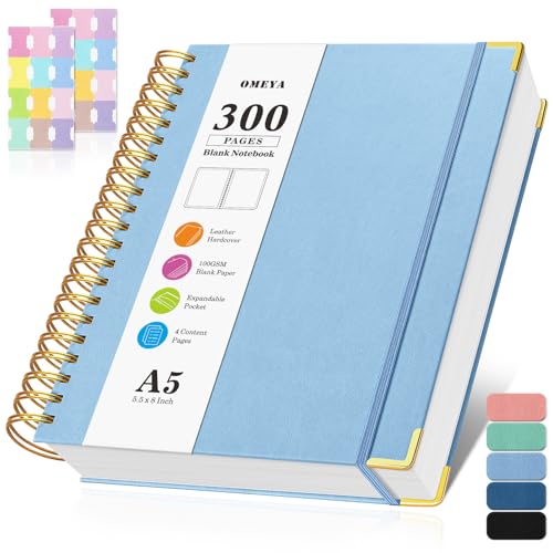 Blank Spiral Notebook: Leather Sketch Book, 300 Pages Hardcover Unlined Notebook for Women Men,100GSM Thick No Bleed Paper Journal, A5 Small Art Sketchbook for Drawing Writing, 5.5" x 8", Light Blue - color: Light Blue, size: A5