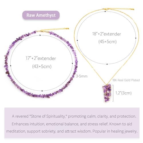 2Pcs Crystal Necklace for Women Handmade Choker Necklaces Pendant Necklace Natural Stone Gemstone Beaded Necklace 18k Gold Plated Adjustable Dainty Necklace for Women - color: Amethyst