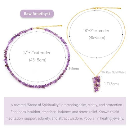 2Pcs Crystal Necklace for Women Handmade Choker Necklaces Pendant Necklace Natural Stone Gemstone Beaded Necklace 18k Gold Plated Adjustable Dainty Necklace for Women - color: Amethyst