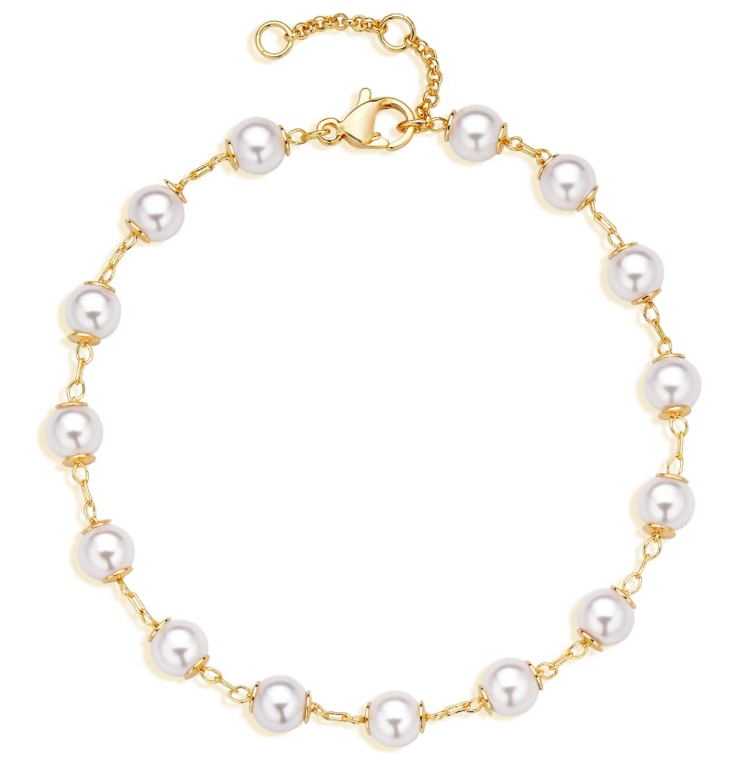 Dremmy Studios Gold Bracelet for Women 18K Gold Plated Dainty Paperclip Cubic Zirconia Disc Coin Star Cable Satellite Bead Pearl Simple Boho Minimalist Stacking Layered Link Jewelry Gift - color: Bead Pearl