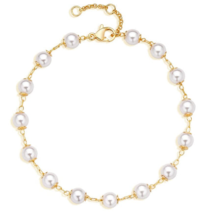 Dremmy Studios Gold Bracelet for Women 18K Gold Plated Dainty Paperclip Cubic Zirconia Disc Coin Star Cable Satellite Bead Pearl Simple Boho Minimalist Stacking Layered Link Jewelry Gift - color: Bead Pearl