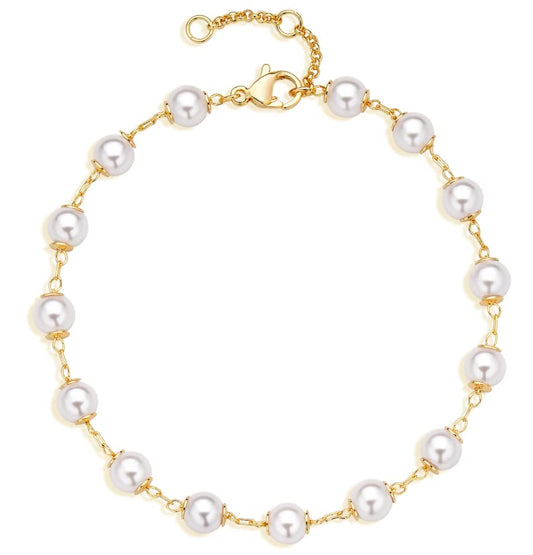 Dremmy Studios Gold Bracelet for Women 18K Gold Plated Dainty Paperclip Cubic Zirconia Disc Coin Star Cable Satellite Bead Pearl Simple Boho Minimalist Stacking Layered Link Jewelry Gift - color: Bead Pearl
