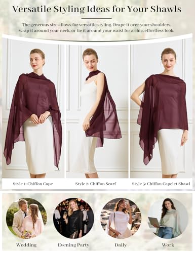 Chiffon Cape Shawl Wrap Scarf 3 Ways to Wear Elegant Sheer Capelet for Evening Dresses Weddings Parties - color: Cabernet