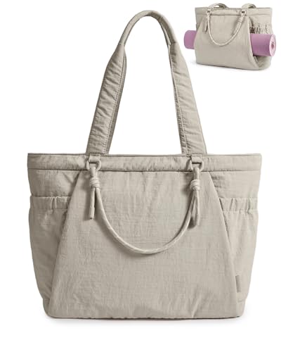 BAGSMART Yoga Tote Bag for Women with Knotted Handle, Lightweight Pilates Bag with Yoga Mat Holder, Gym Bag for Work Travel - color: Brown