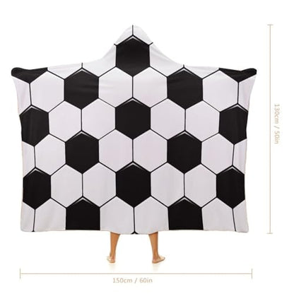 Soccer Ball White and Black Large Size Comfortable Hooded Blanket, Warm Blanket 50"x60" - color: Soccer Ball White and Black, size: 50"x60"