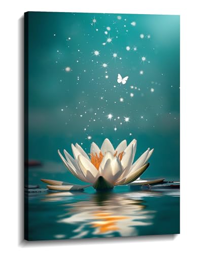 Lotus Canvas Wall Art Zen Wall Decor Teal Posters White Lotus on Water Picture Meditation Spiritual Art for Bathroom Living Room Home Office Decor Framed(Art-7,12.00x18.00 inch) - color: Art-7, size: 18"L x 12"W