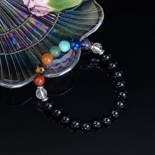 Strong Healing Crystal Bracelet 8MM Genuine Stone Bracelet Lucky Beaded Bracelet Chakra Bracelet 6.5 inch Positive Energy Inspirational Gifts for Women Mom - style: 7 Chakra-Black Agate
