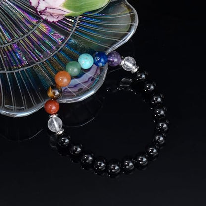 Strong Healing Crystal Bracelet 8MM Genuine Stone Bracelet Lucky Beaded Bracelet Chakra Bracelet 6.5 inch Positive Energy Inspirational Gifts for Women Mom - style: 7 Chakra-Black Agate