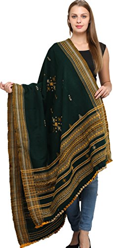 Exotic India Shawl from Kutch with Embroidered Bootis and Mirrors - Wool - color: Alpine Green