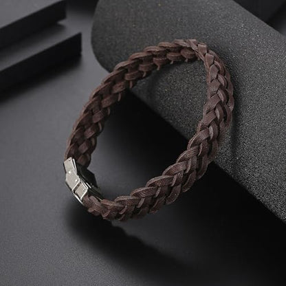 Men's Leather Bracelet, Stackable Stainless Steel Clasp Bracelets for Men Stylish Birthday, Thanksgiving, Valentine's Day Gift for My Man - style: 8.2" Braided Brown Leather