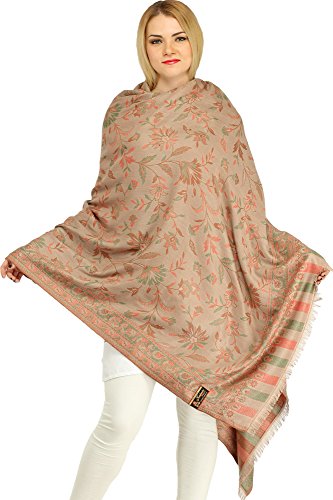 Exotic India Women Reversible Jamawar Wool Shawl with Woven Flowers | Ethnic Beautiful Floral Weave Stole, Dupatta - color: Rugby Tan
