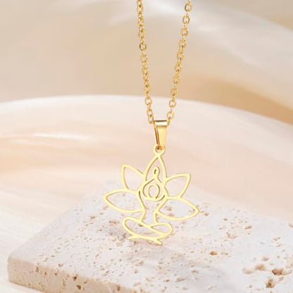 UNIFT Lotus Meditation Necklace For Women Stainless Steel Om Yoga Spiritual Symbol Hollow Out Hindu Yoga Jewelry Inspirational Amulet Gift - color: gold