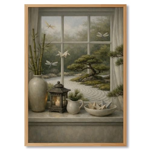 Framed Japanese Zen Garden Poster Canvas Print Art Minimalist Aesthetic Wall Art Painting Pictures Wall Decor Elegant Home Decor for Living Room Bedroom Apartment Decoration (Light Oak,16L X24W) - size: 16L"X24W"
