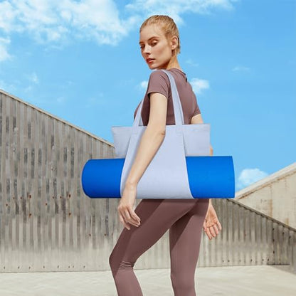 Yoga Mat Bag for Women, 100% Cotton Canvas Tote with Wet/Dry Pocket, Bottle Holder and Inner Zipper Pocket, 25L Carrier for Pilates and Travel - color: Light blue
