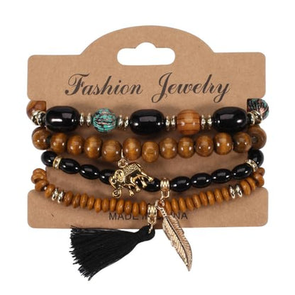 Caiyao 4Pcs Bohemia Multilayer Stackable Elephant Leaf Tassel Bracelets Colorful Wooden Resin Beaded Stretch Bracelets for Women Men Summer Beach Boho Vacation Hawaii Jewelry Gifts - style: StyleE