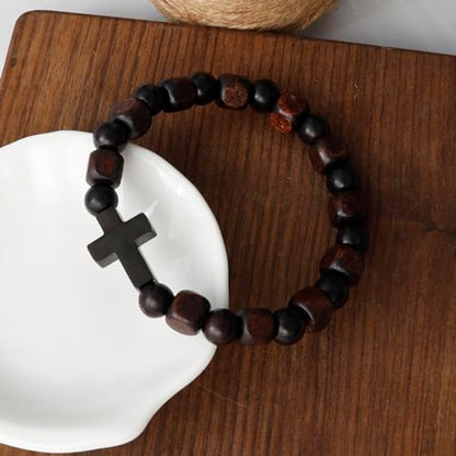 MILAKOO Wooden Bracelet with Black Stainless Steel Cross Charms Bead Christian Gifts for Women Men - color: C2