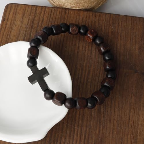MILAKOO Wooden Bracelet with Black Stainless Steel Cross Charms Bead Christian Gifts for Women Men - color: D2
