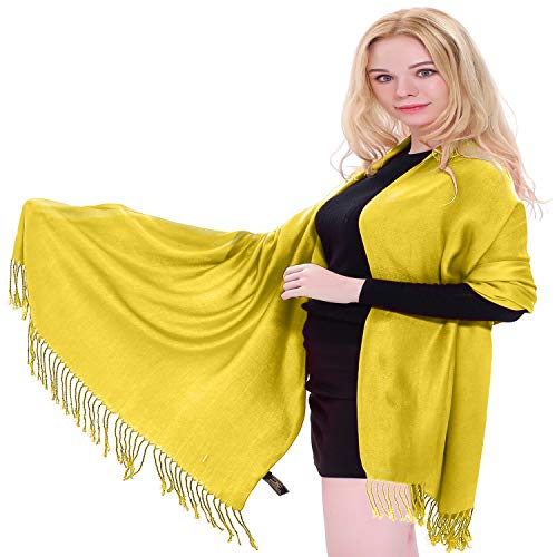 CJ Apparel Solid Color Tassels Design Nepalese Shawl Scarf Wrap Stole Throw Head Wrap Pashmina Gift Hand Made in Nepal New - color: Yellow