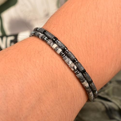 Men's Hematite & Black Grid Stone Beaded Bracelet, Adjustable Stainless Steel, Thickened Steel Wire Handmade Original Rugged Jewelry, Birthday Gift for Dad & Boyfriend